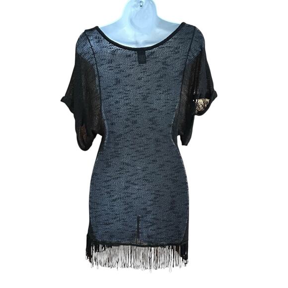 Free People Black Sheer Knit Fringe Hem Top Size S Boho Festival Tunic - Picture 2 of 3